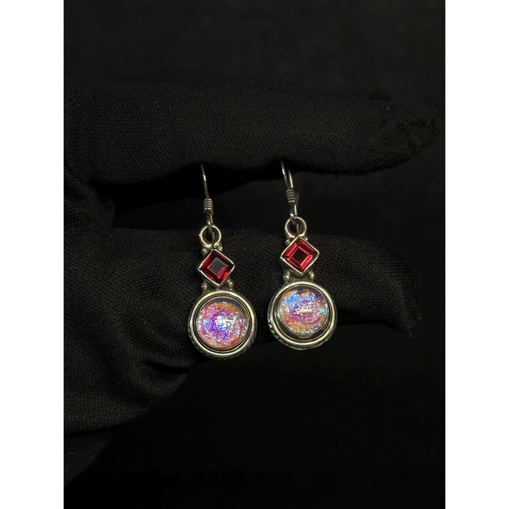 Sterling Silver Garnet Art Glass Drop Earrings